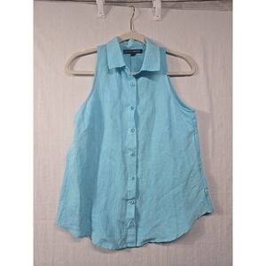 Boston Proper Linen‎ Blend Collared Tank Women's Size XS Teal Fabric Button Up